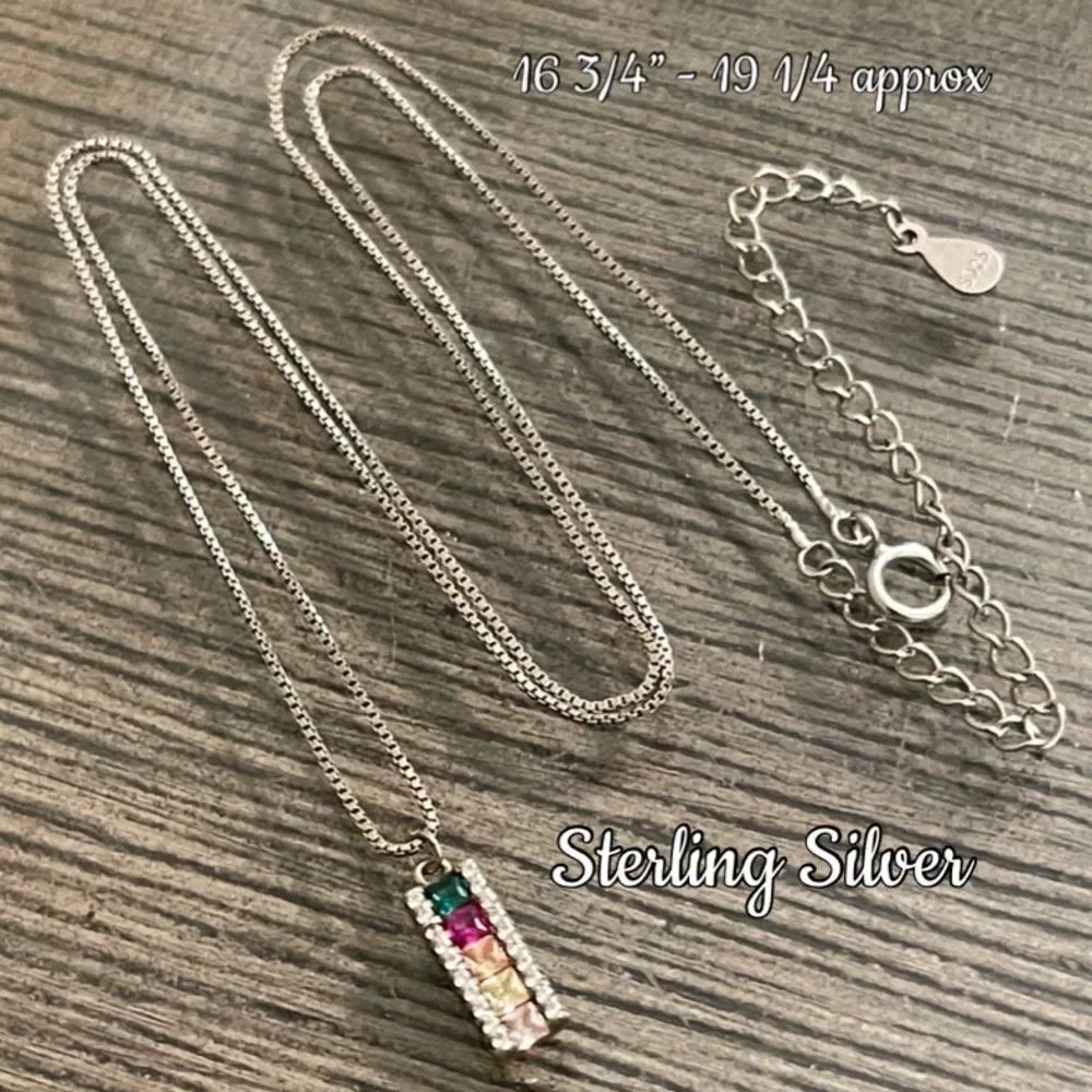 Sterling Multicolor Rainbow Vertical Bar Pendant Princess Cut Gem Necklace